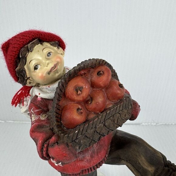 Vintage Boy Carrying Apple Basket Rare Statue Winter Hat Scarf Red Figurine - Picture 2 of 12